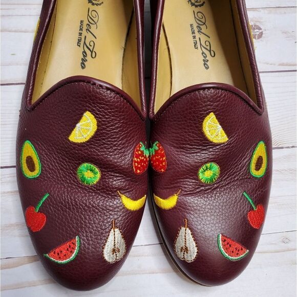 DEL TORO loafers fruit embroidered burgundy leather shoes 7 - Picture 10 of 10